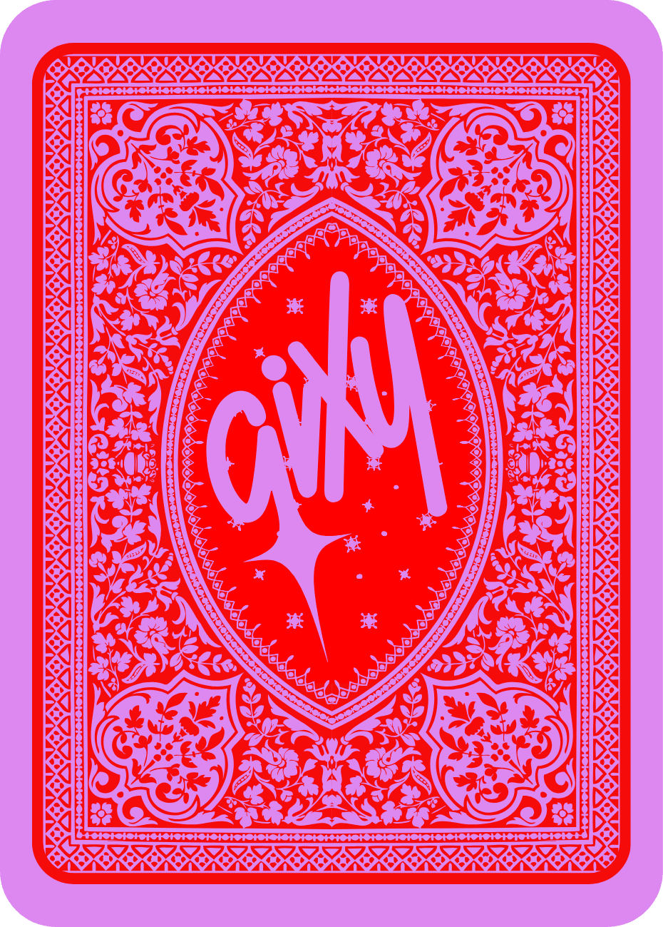 Tył karty do gry z ozdobnym czerwonym wzorem i logo gixy w owalnym medalionie